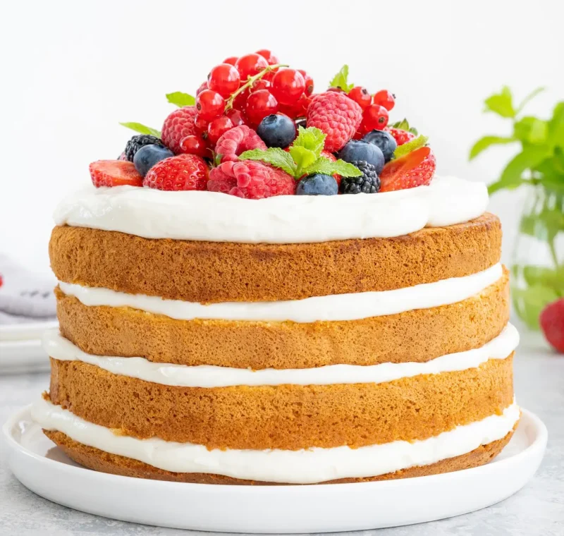 Naked layered vanilla cake with whipped cream and fresh berries on top. Summer cake. Copy space.